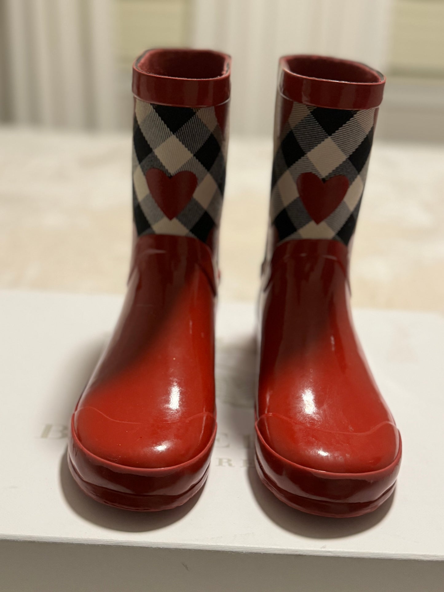 Burberry Red Nova Check Heart Rain Boots - Size 33