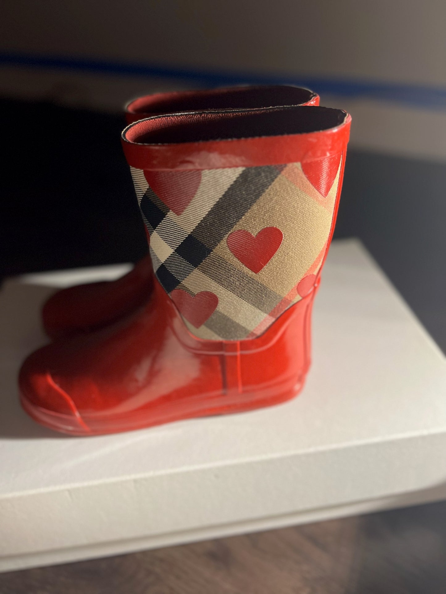 Burberry Red Nova Check Heart Rain Boots - Size 33