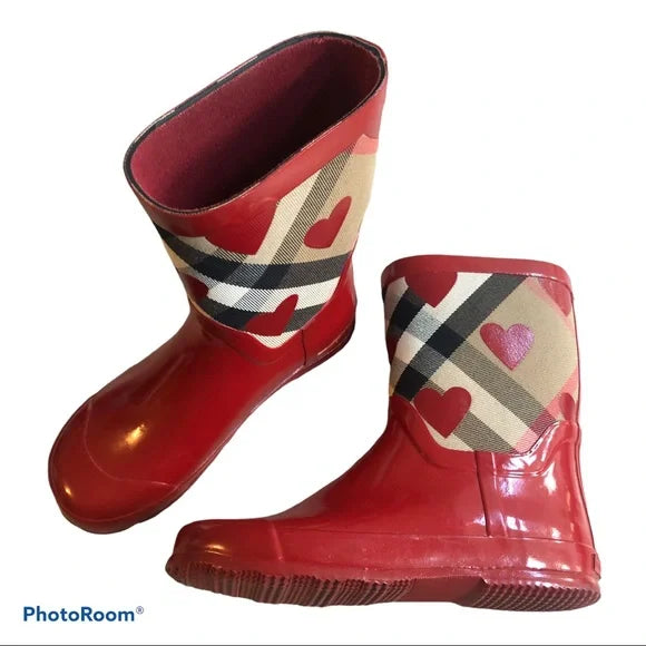 Burberry Red Nova Check Heart Rain Boots - Size 33